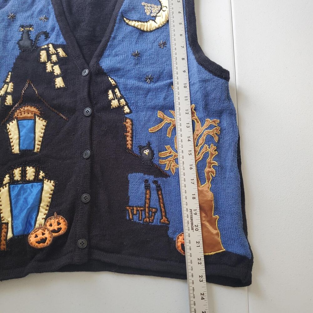 Bobbie Brooks Sweater Vest Womens Large Black Halloween Haunted House Knit - Picture 4 of 7